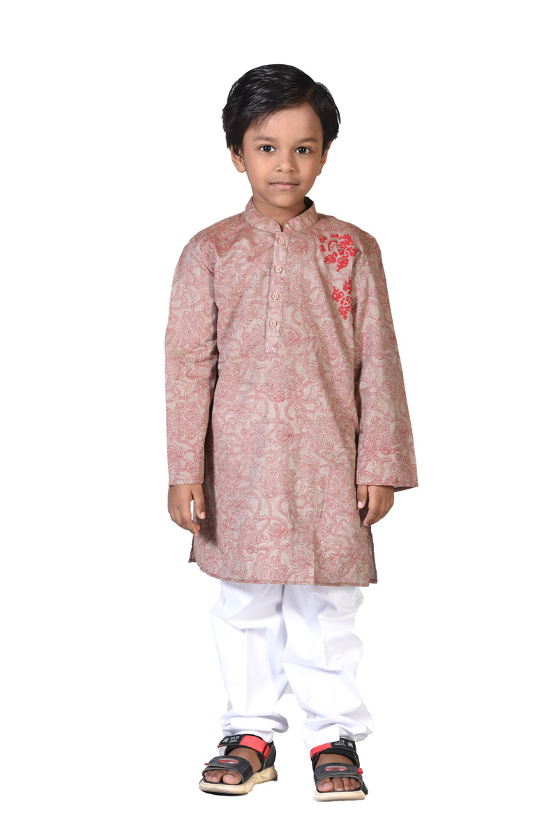 Metallic Bronze Cotton Printed & Hand Embroidered Panjabi Boys