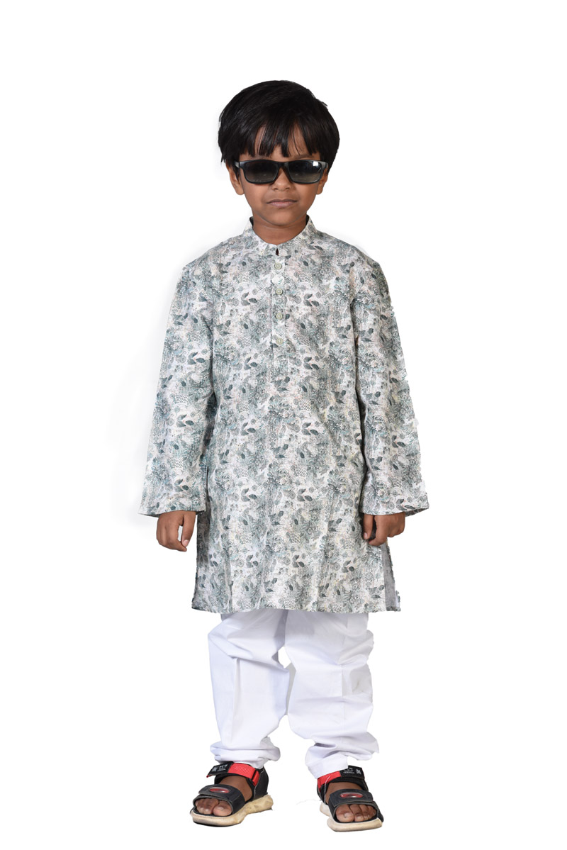 Fern Green Cotton Printed Panjabi for Boys