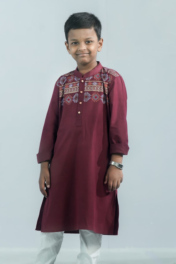 Burnt Maroon Cotton Printed & Embroidered Panjabi for Boys