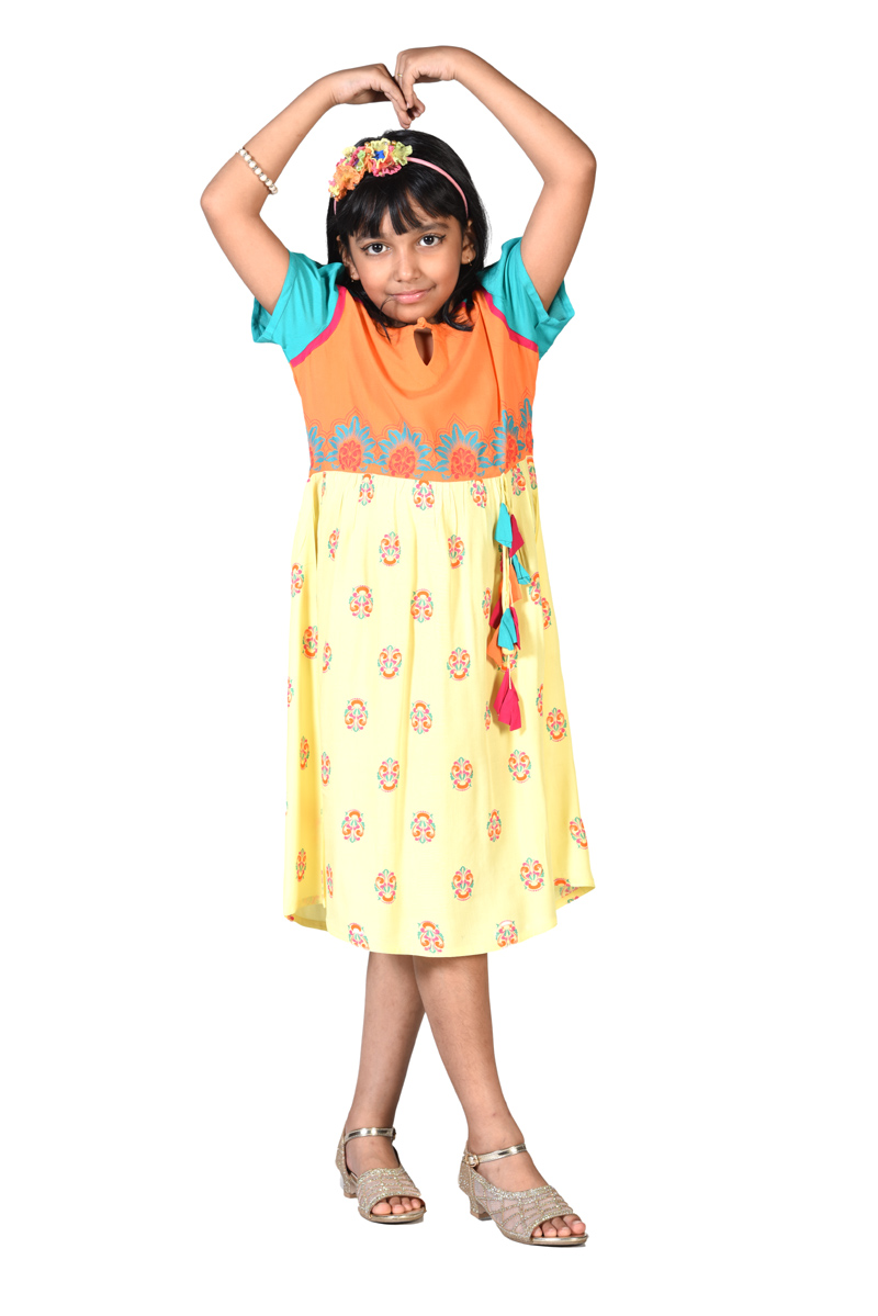 Lemon Yellow Linen Printed Frock for Girls