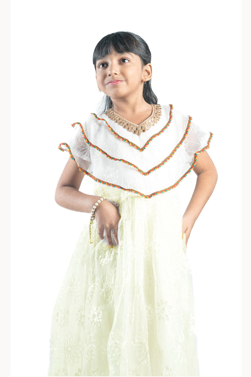 White Silk Printed Frock for Junior Girls
