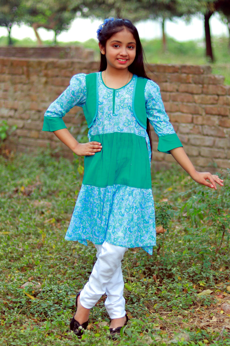 Aqua Green Voile Printed Frock for Girls