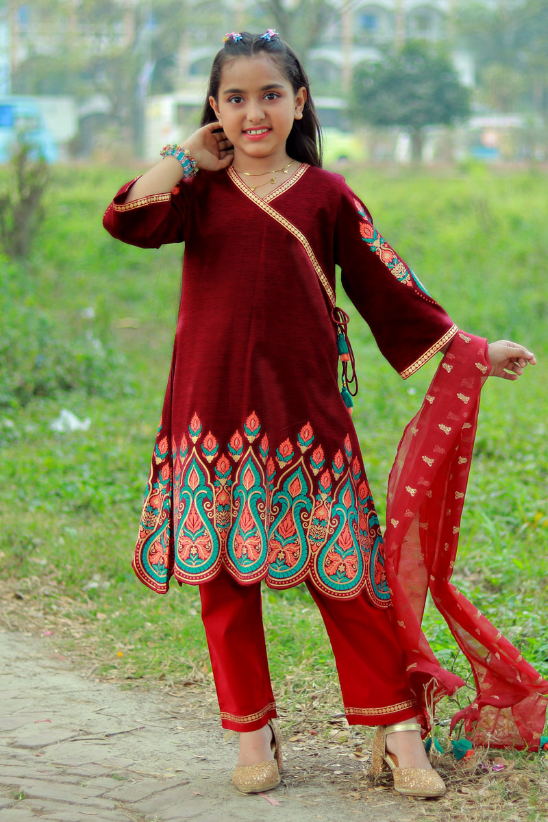 Navy Blue Jacquard Cotton Printed & Tie-dyed Salwar Kameez Set for Girl