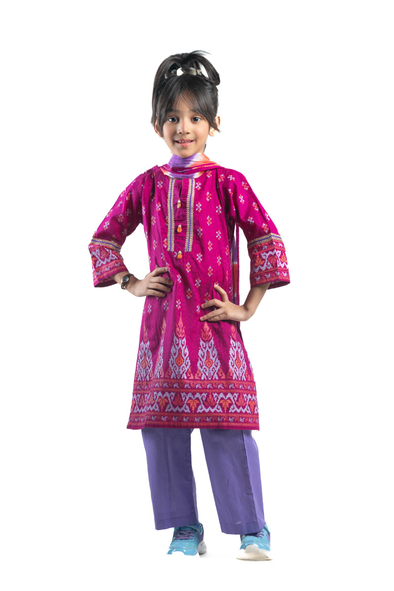 Maroon Cotton Printed & Tie-dyed Salwar Kameez Set for Junior Girls