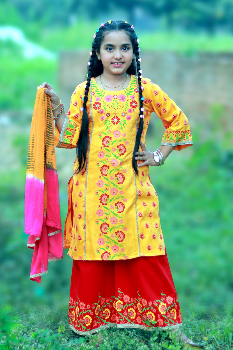 Marigold Jacquard Cotton Printed & Embroidered Salwar Kameez Set for Girls