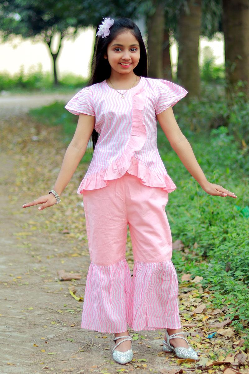 Baby Pink Voile Printed Top with Pant for Girls