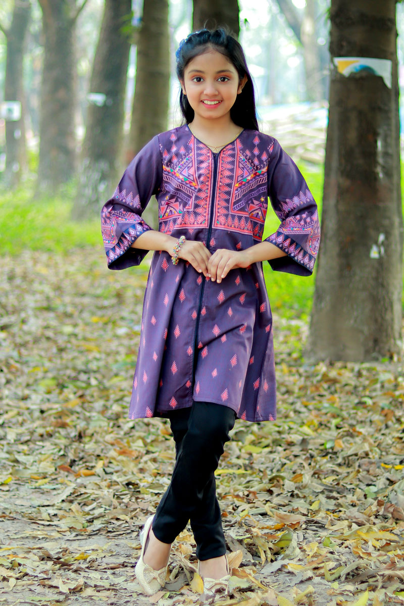 Regal Purple Cotton Printed & Embroidered Tunic for Girls