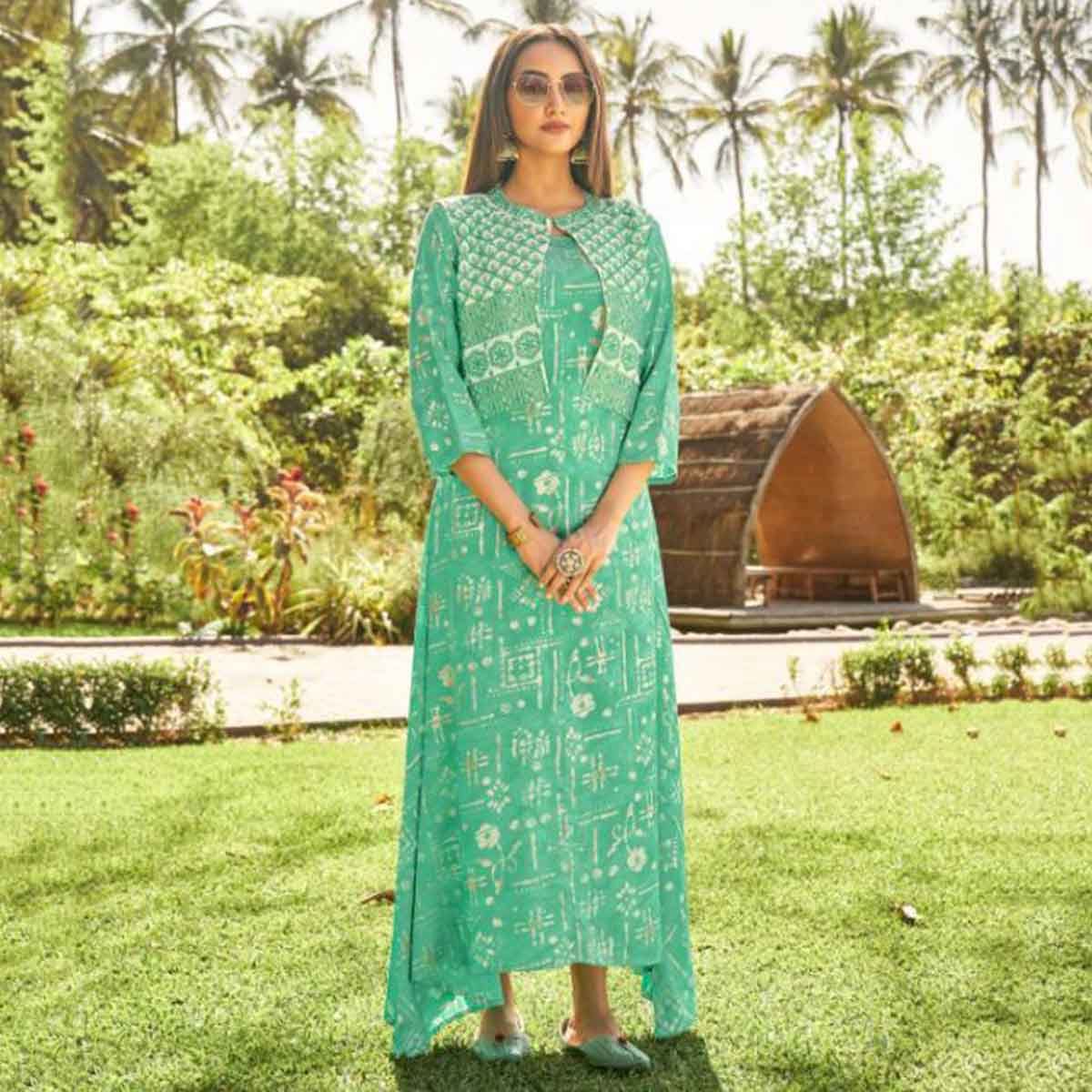 Rayon Long Kurti with Cotton Slub Jacket