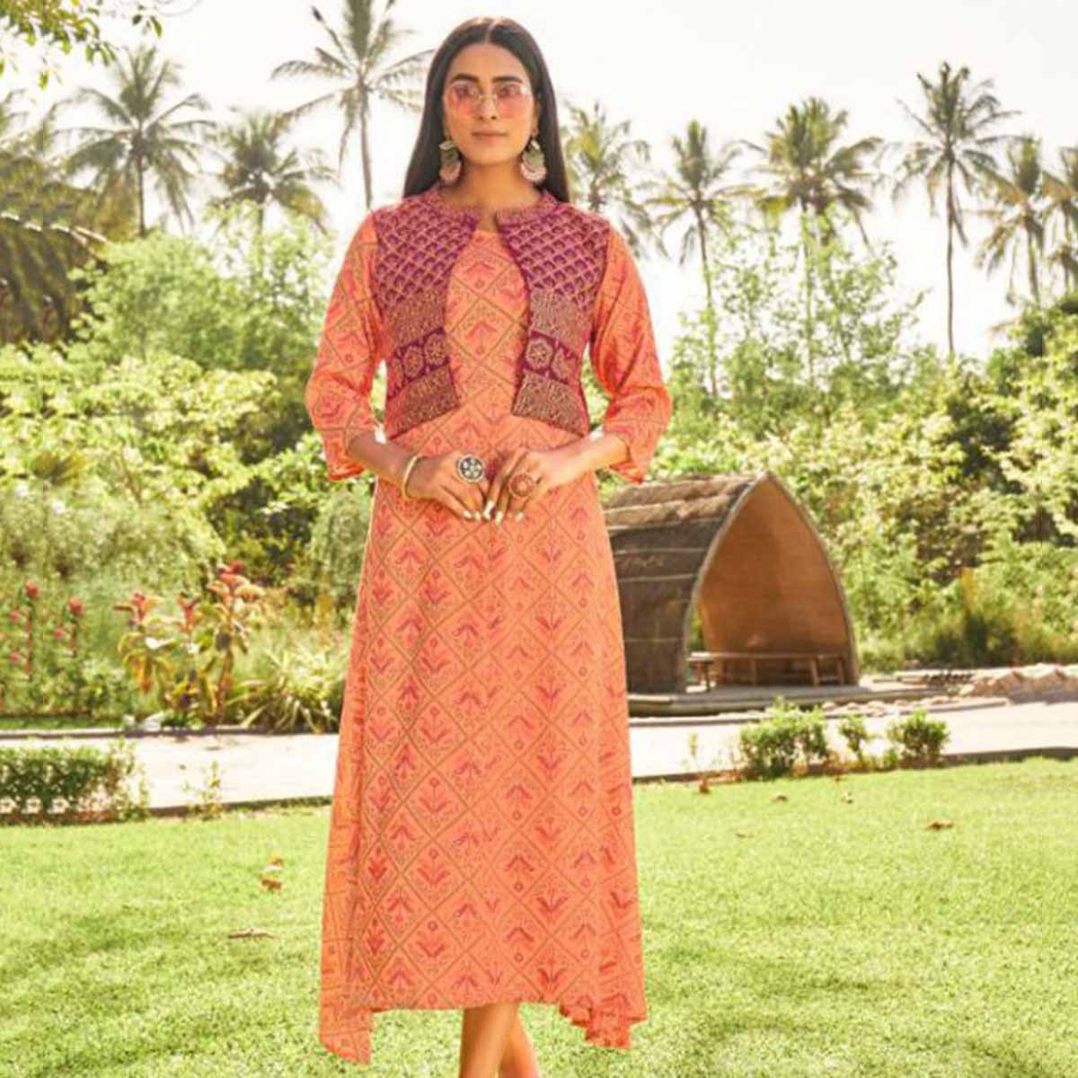 Rayon Long Kurti with Cotton Slub Jacket