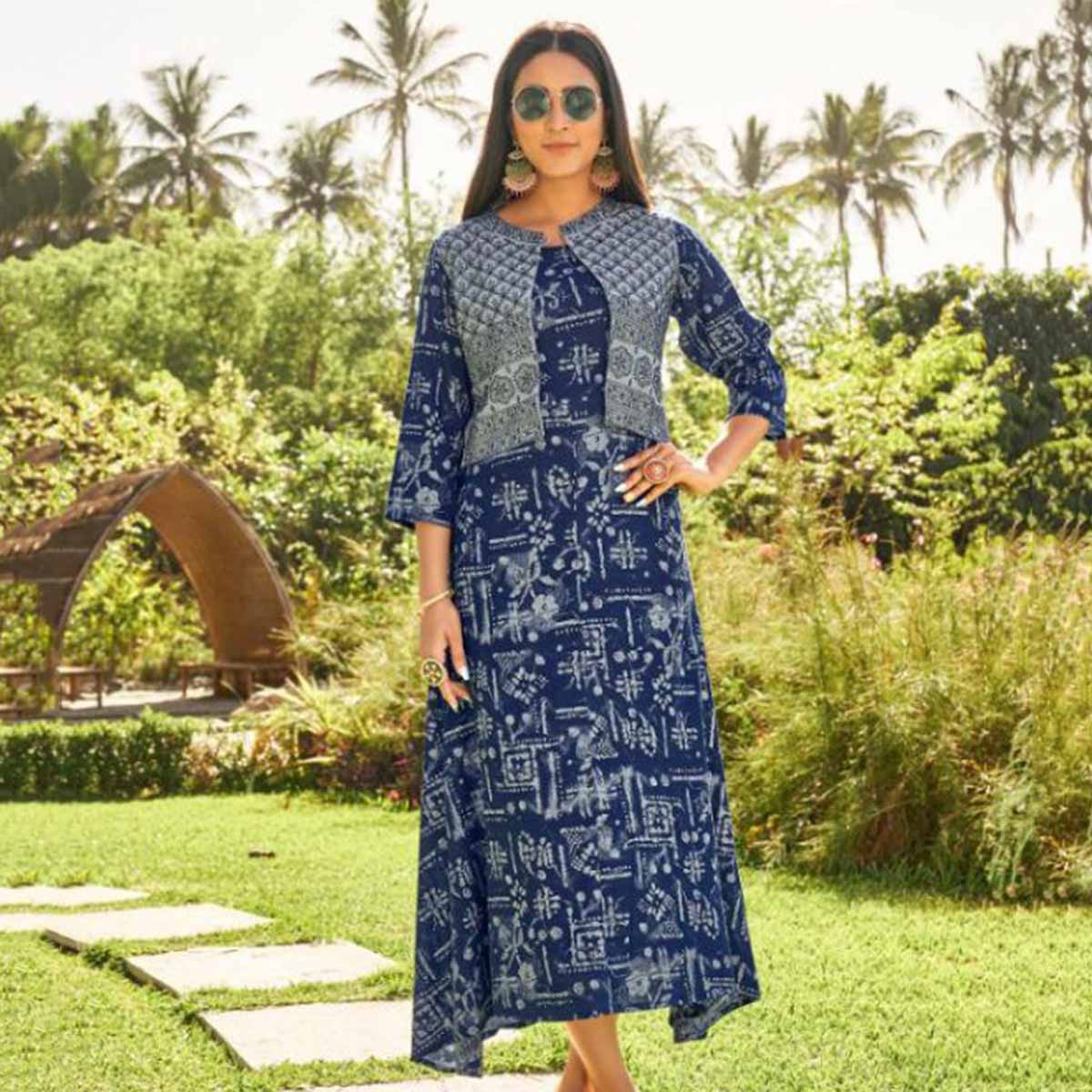 Rayon Long Kurti with Cotton Slub Jacket