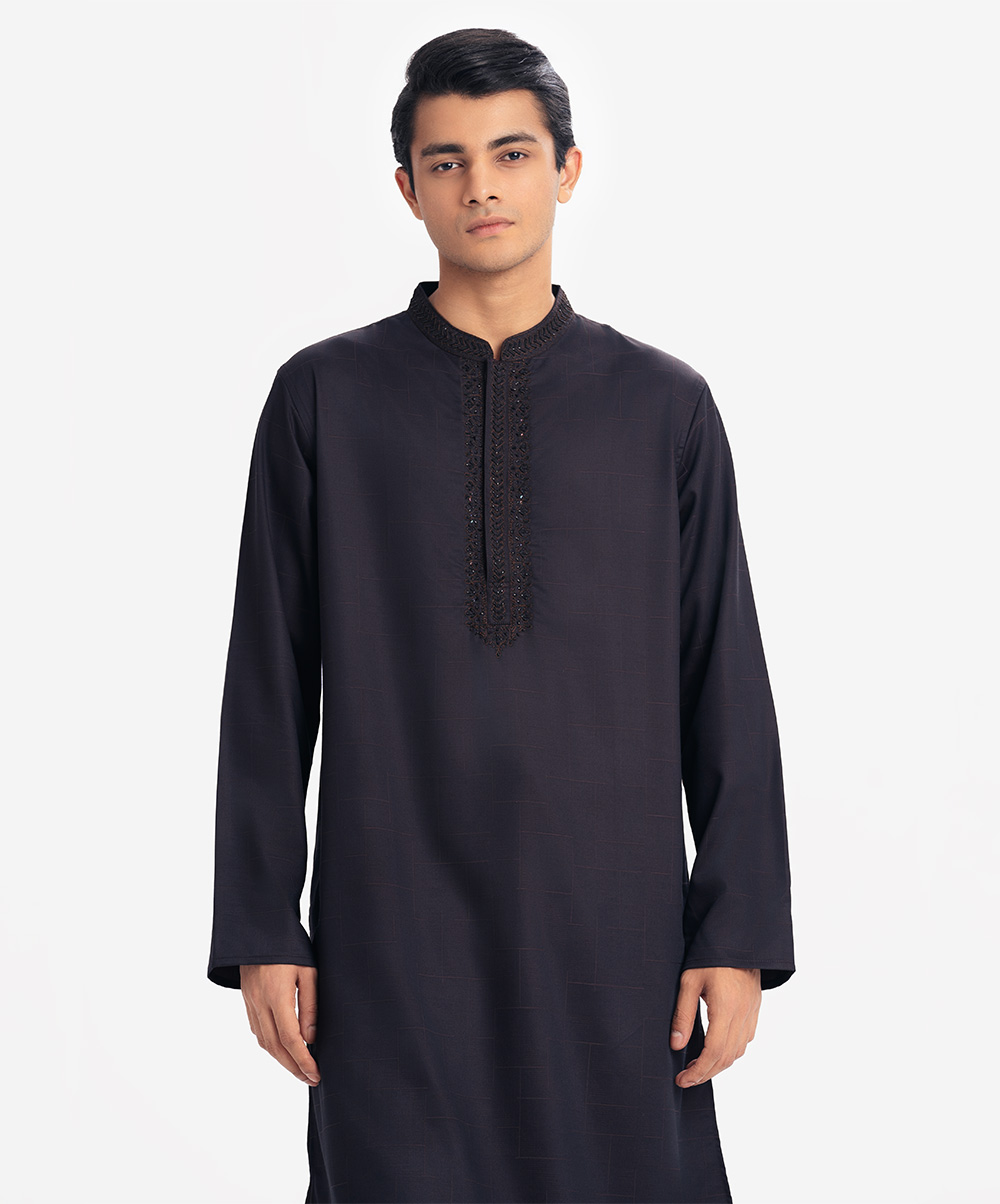 Black Jacquard Semi Fitted Panjabi