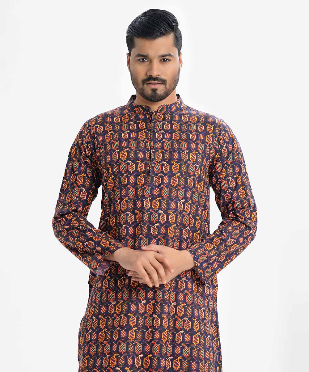 Blue Cotton Semi Fitted Panjabi