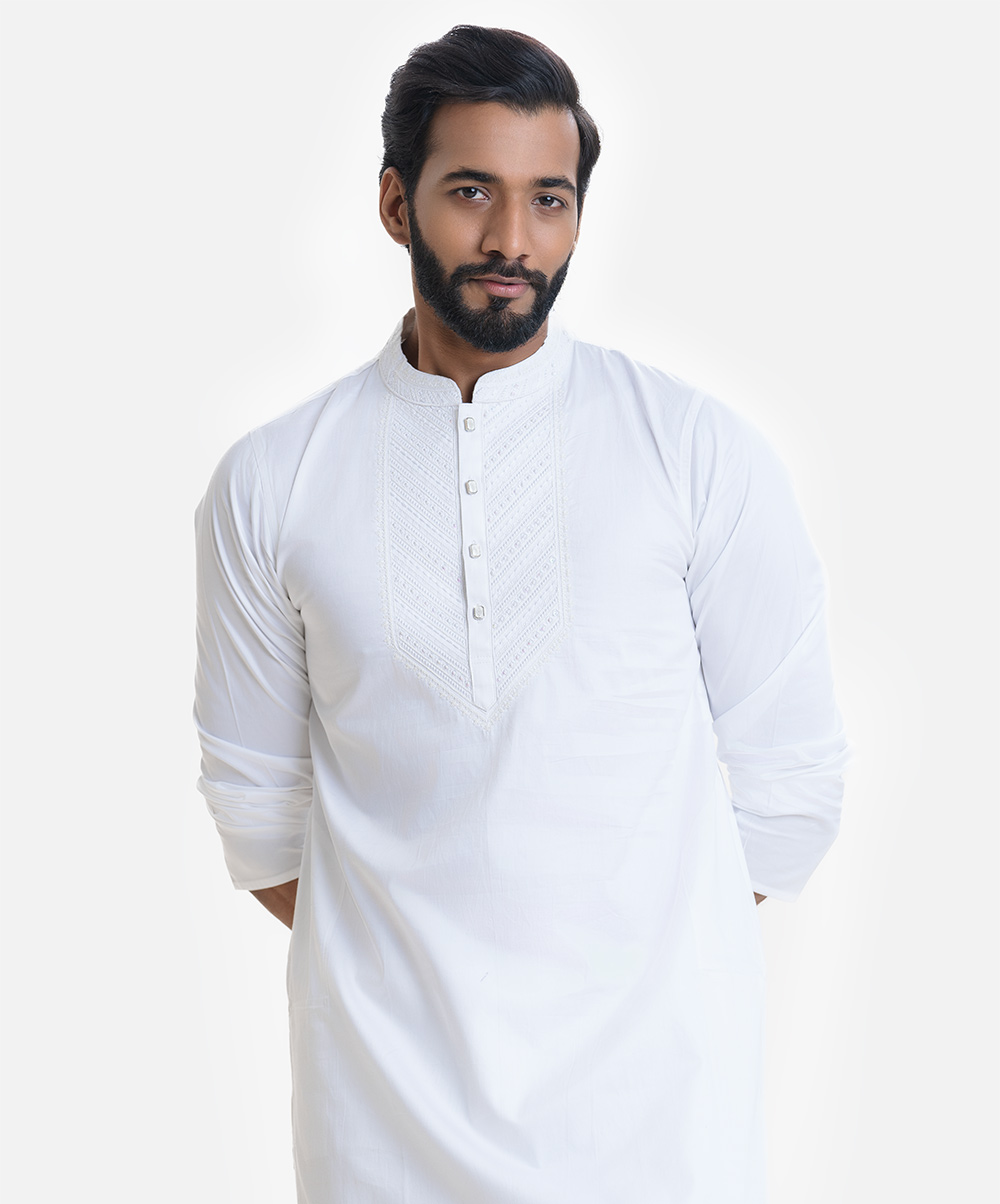 White Cotton Semi Fitted Panjabi