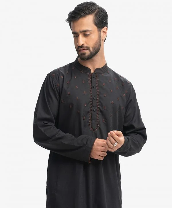 Black Jacquard Semi Fitted Panjabi