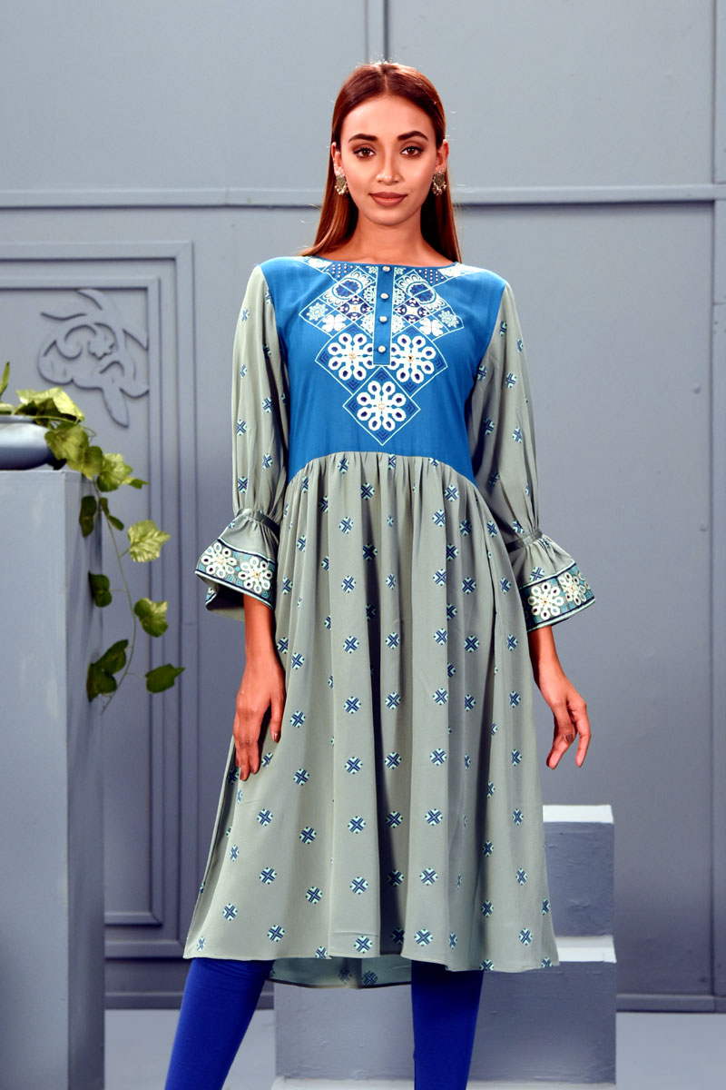 Java Green Crepe Georgette Printed & Embroidered Kurti