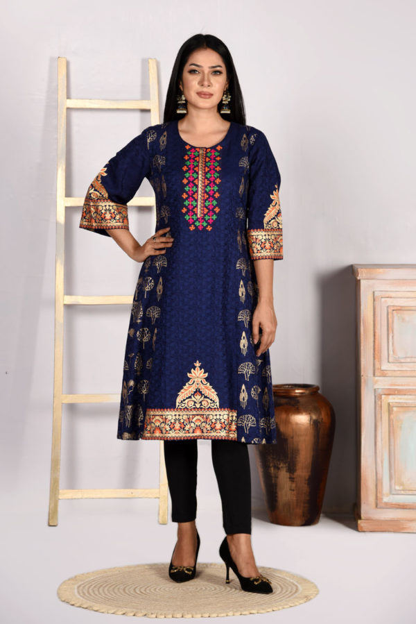 Grey Silk Printed Embroidered & Karchupi Ornamented Kurti