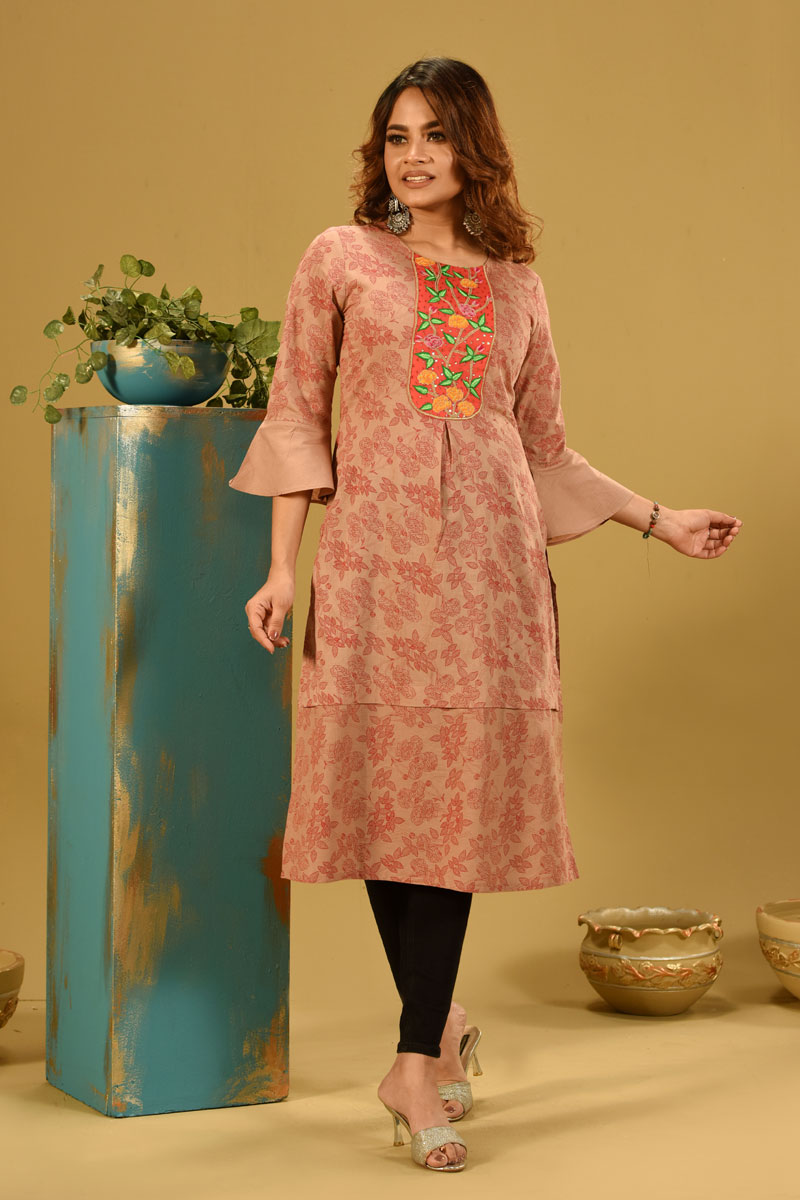 Tan Brown Jacquard Cotton Printed & Embroidered Kurti