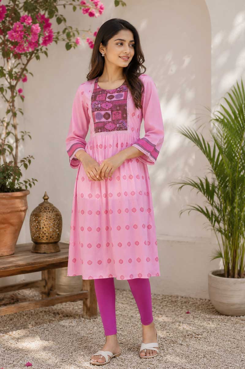 Pink Cotton Printed Kurti