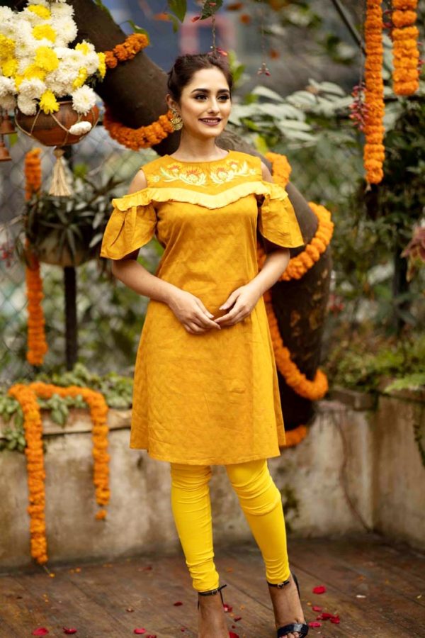 Mustard Cool Shoulder Kurti with Frill Sleeves