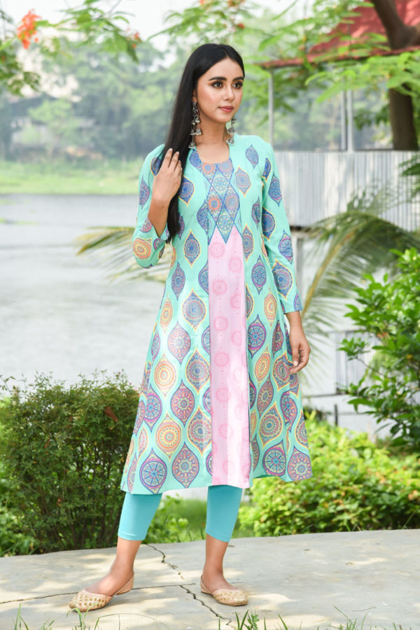 Pastel Green Linen Printed & Embroidered Kurti