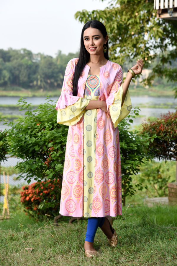 Pink Linen Printed Kurti