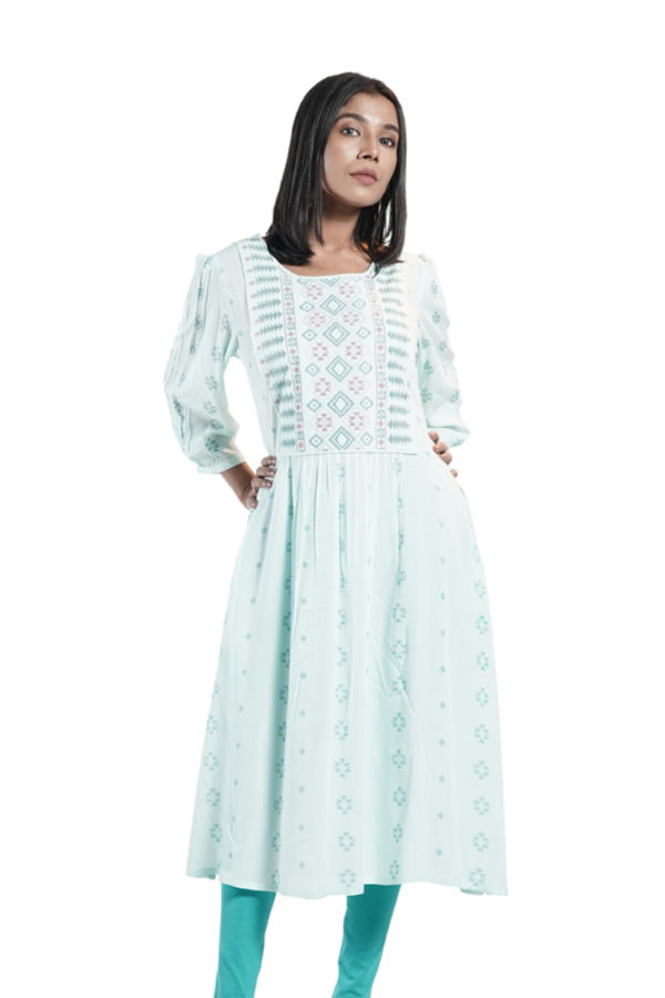 Mint Green Linen Printed Kurti
