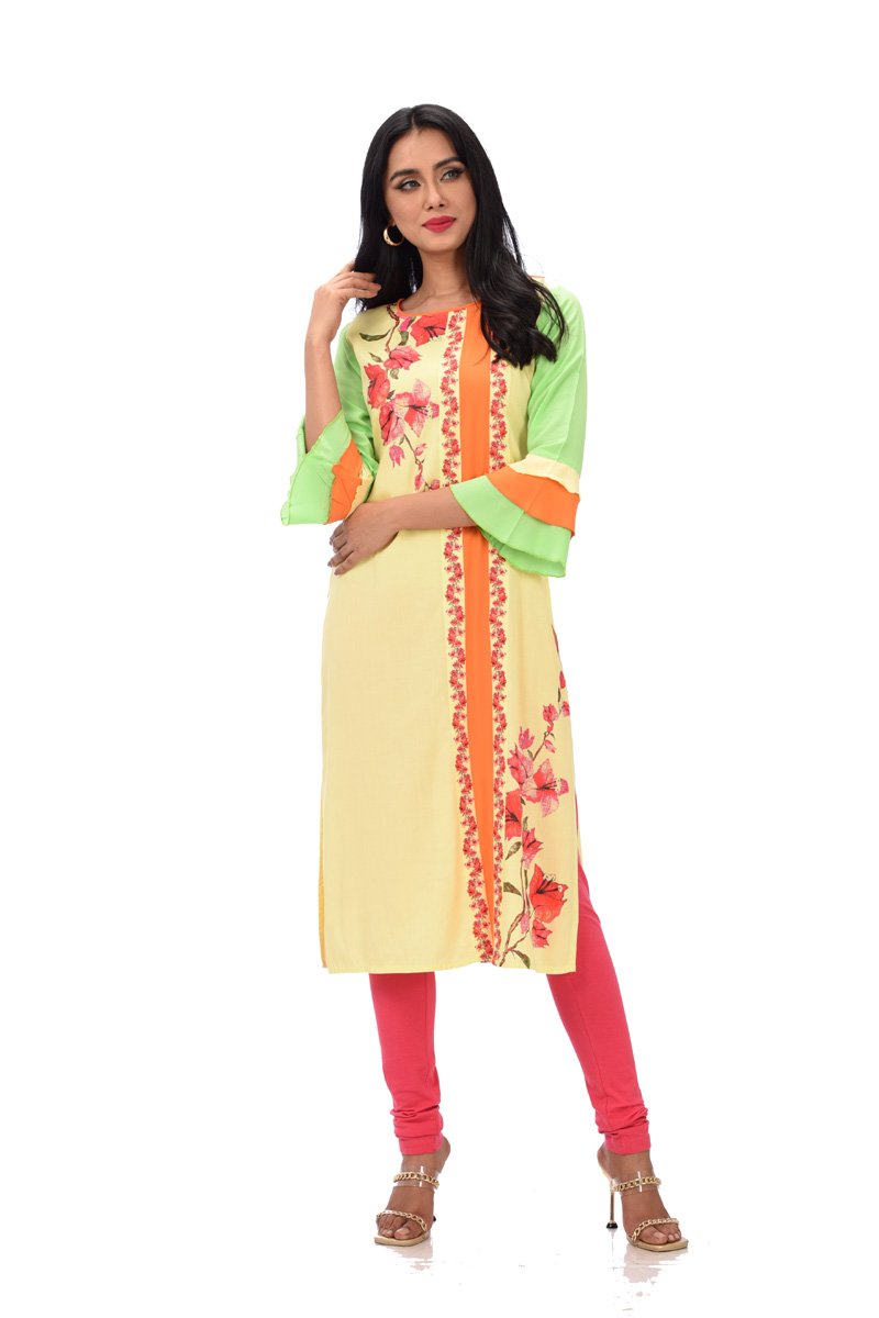 Lemon Yellow Linen Printed Kurti