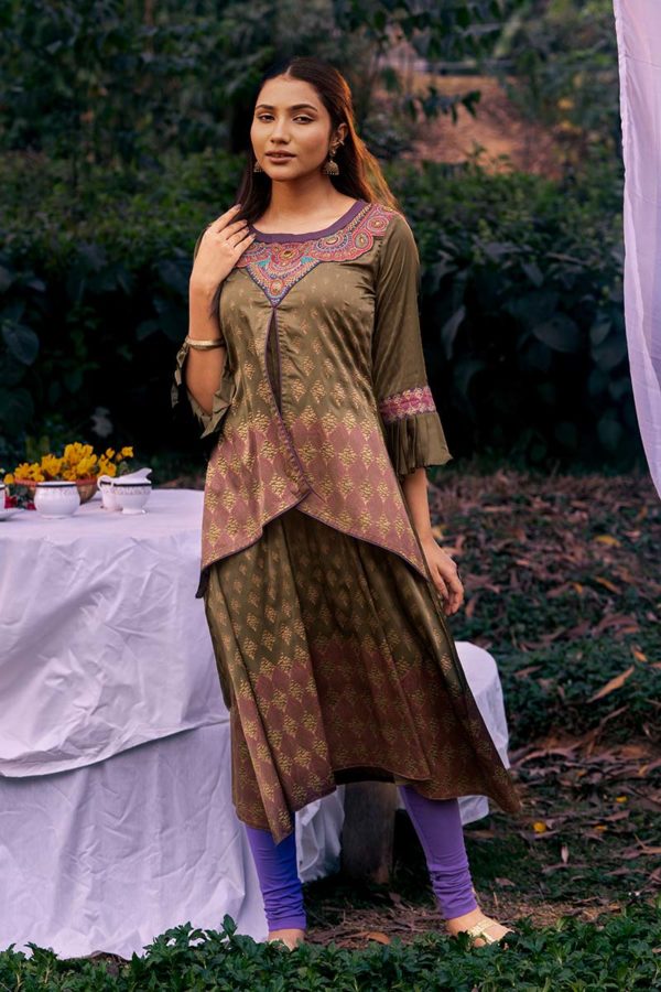 Moss Green Silk Printed & Embroidered Kurti