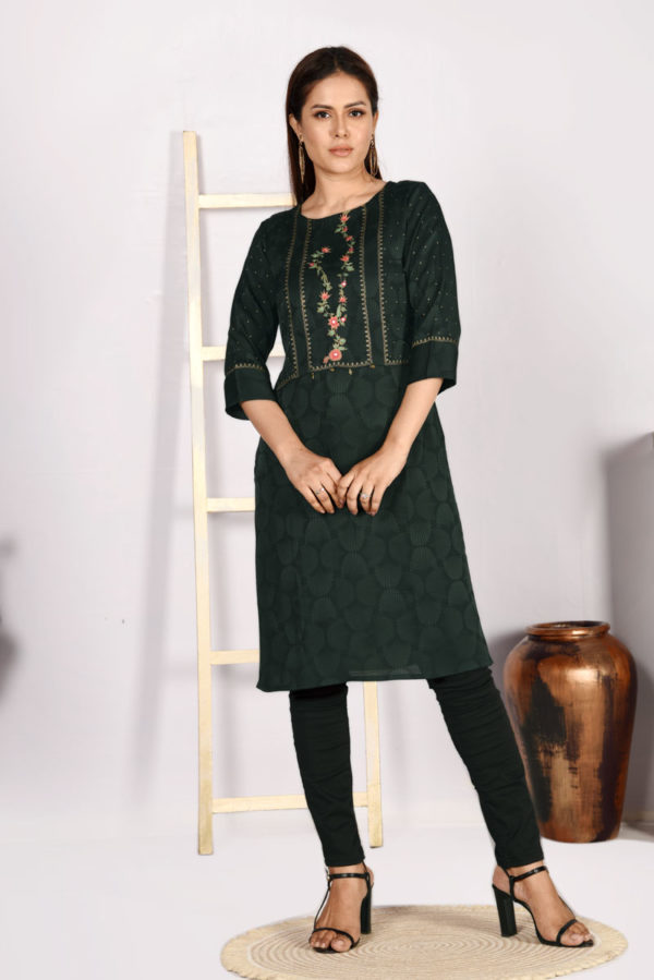 Forest Green Silk Printed & Embroidered Kurti
