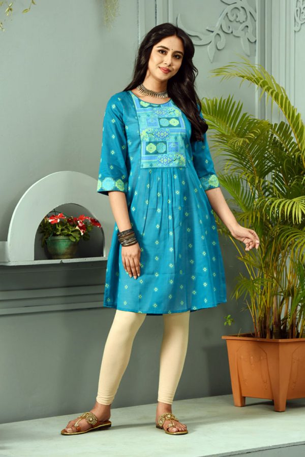 Teal Blue Voile Printed Kurti