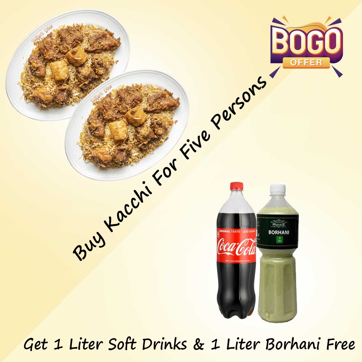 Buy One Kacchi 5 Persons Get 1 Litter Soft Drinks & 1 Litter Borhani Free