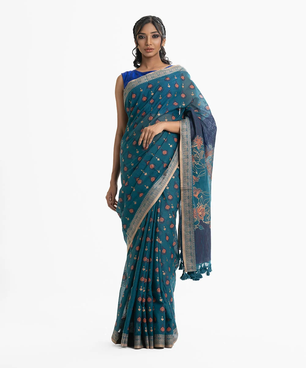 Teal Blue Cotton Saree