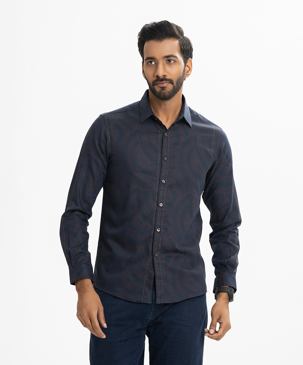 Blue Jacquard Long Sleeve Business Casual Shirt
