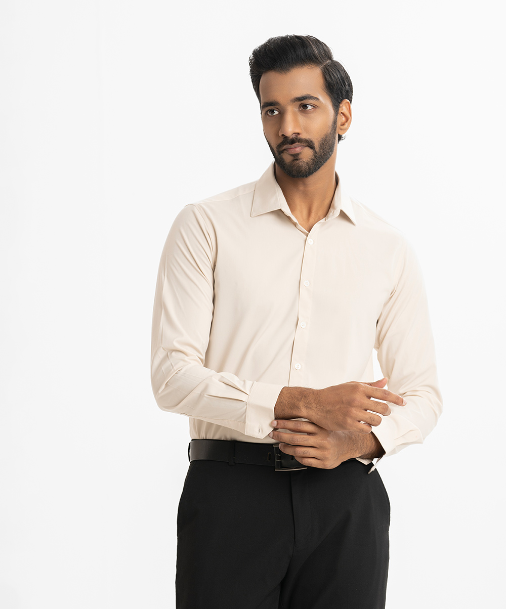 Off White Cotton Blended Long Sleeve Bussiness Formal Shirt
