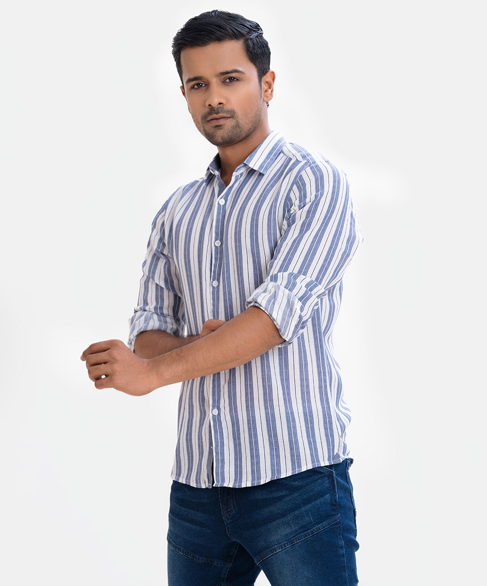 Blue Cotton Stripe Long Sleeve Casual Shirt