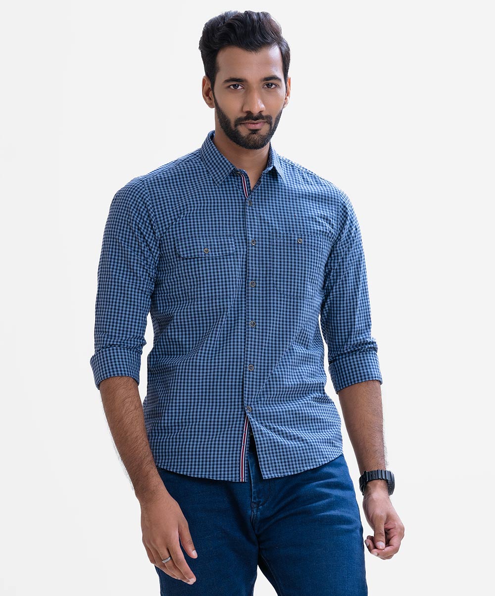 Blue Cotton Long Sleeve Check Shirt