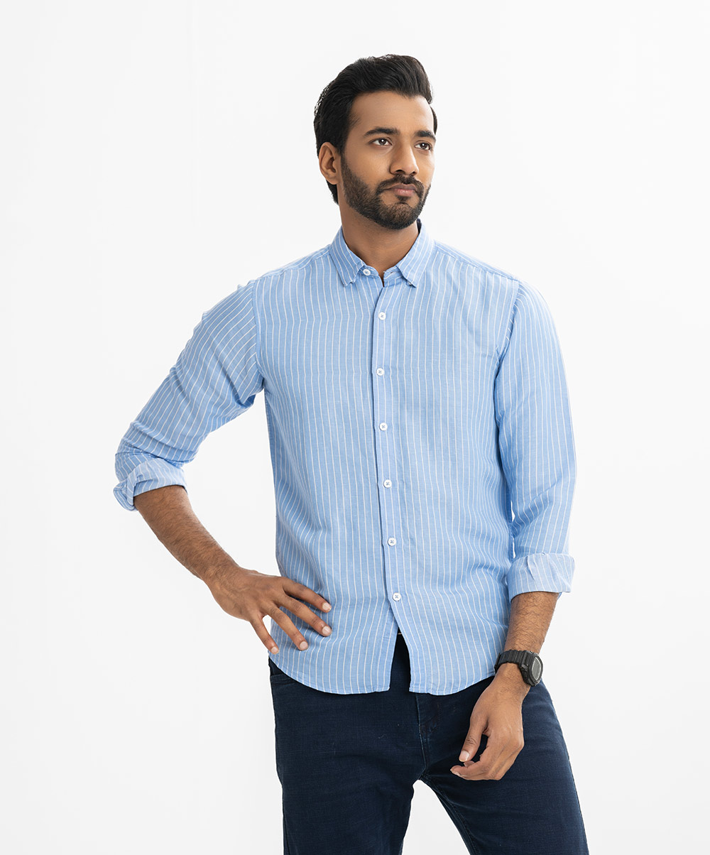 Blue Cotton Stripe Long Sleeve Casual Shirt