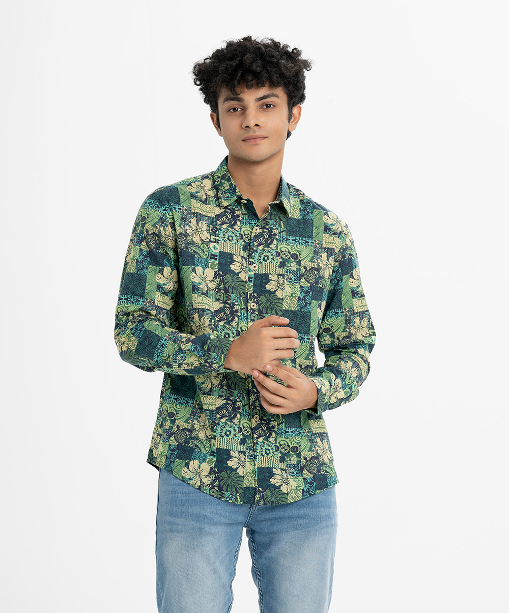 Green Cotton Long Sleeve Casual Shirt