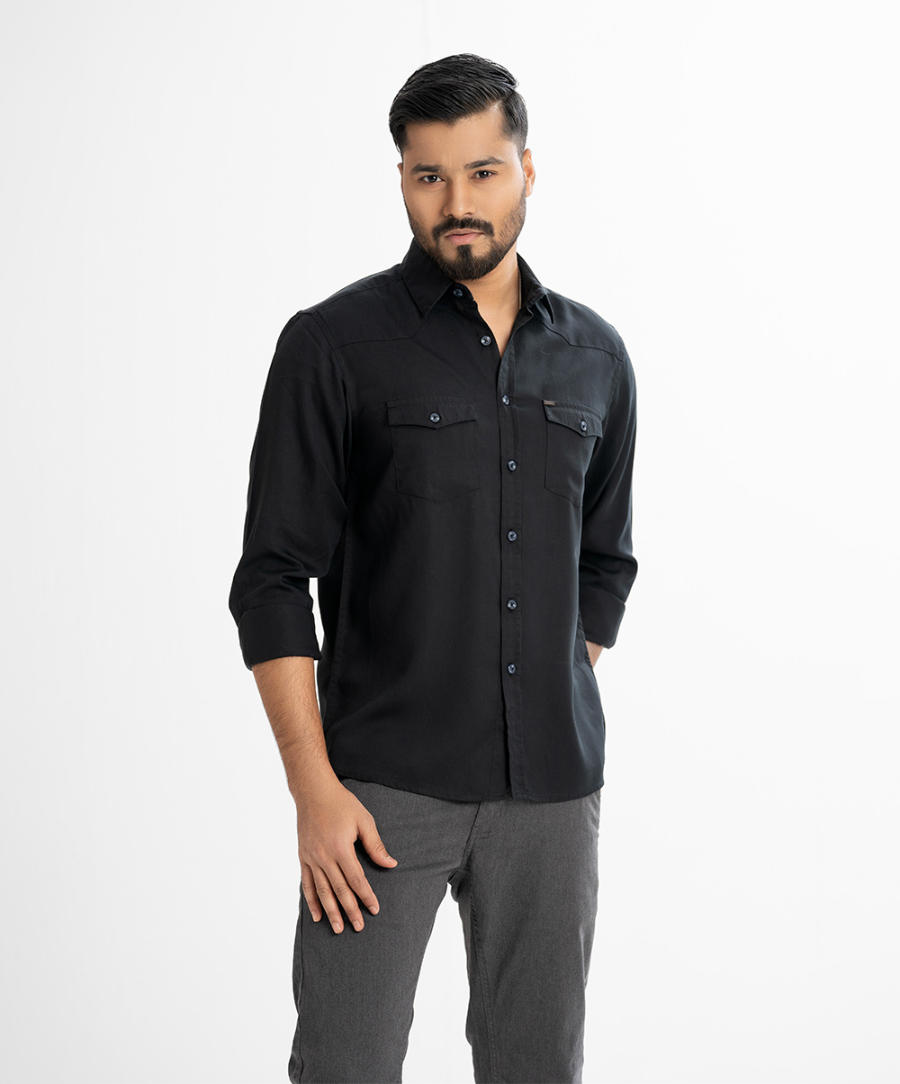 Black Cotton Long Sleeve Casual Shirt