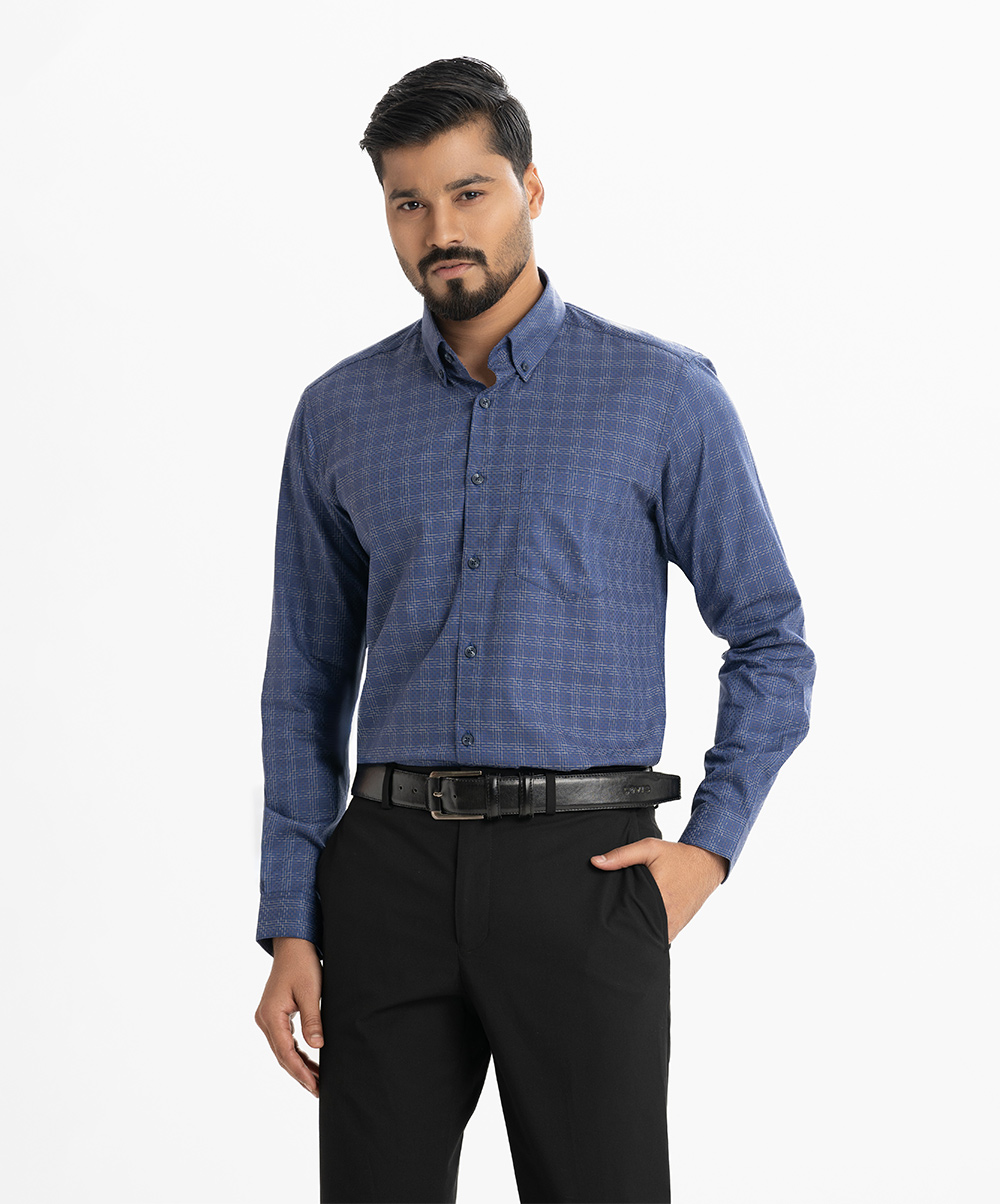 Blue Cotton Check Long Sleeve Formal Shirt