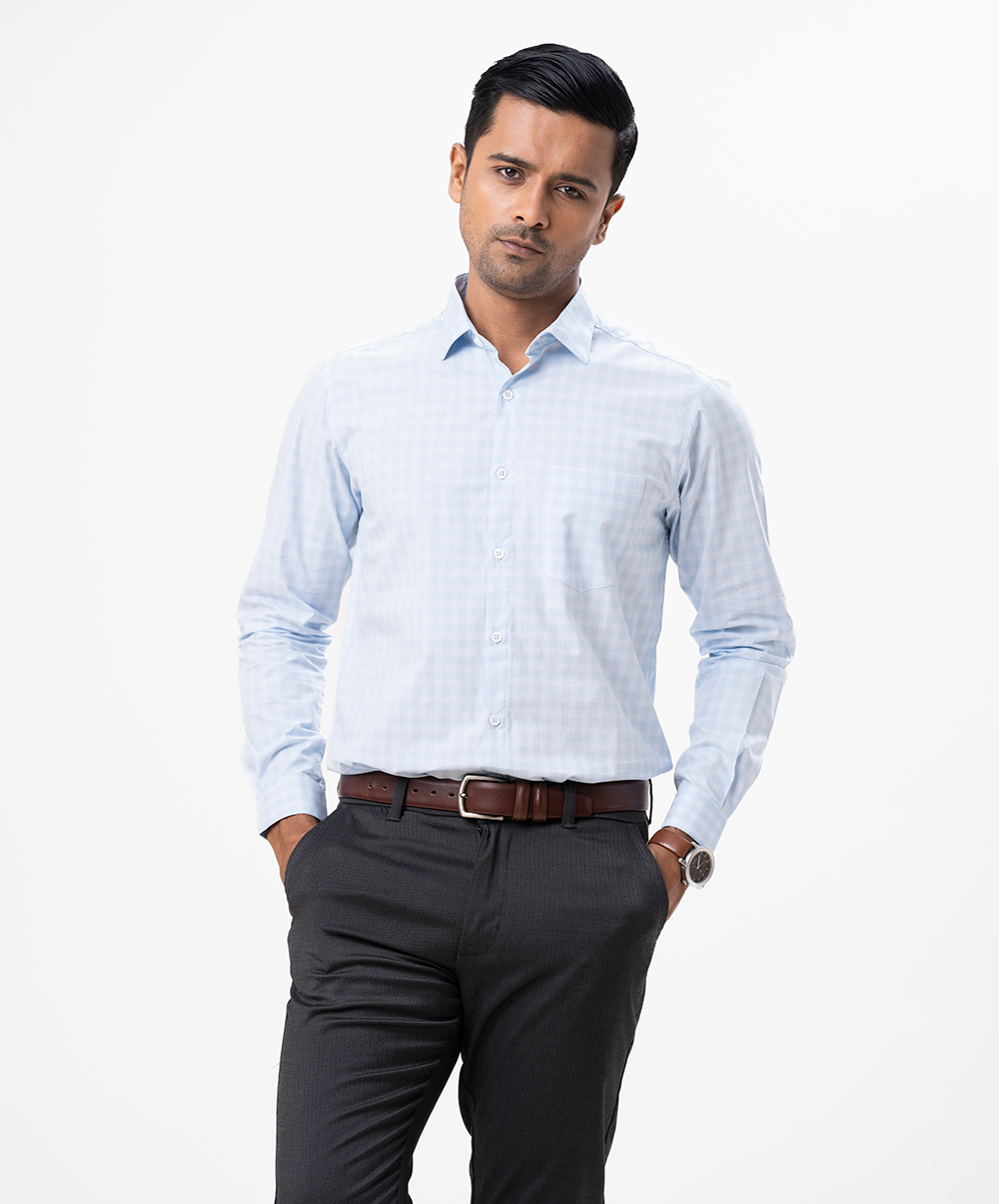 Sky Blue Cotton Long Sleeve Check Formal Shirt
