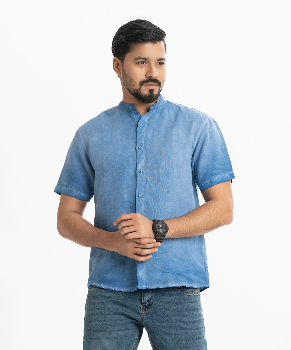 Blue Ramie Cotton Short Sleeve Casual Shirt