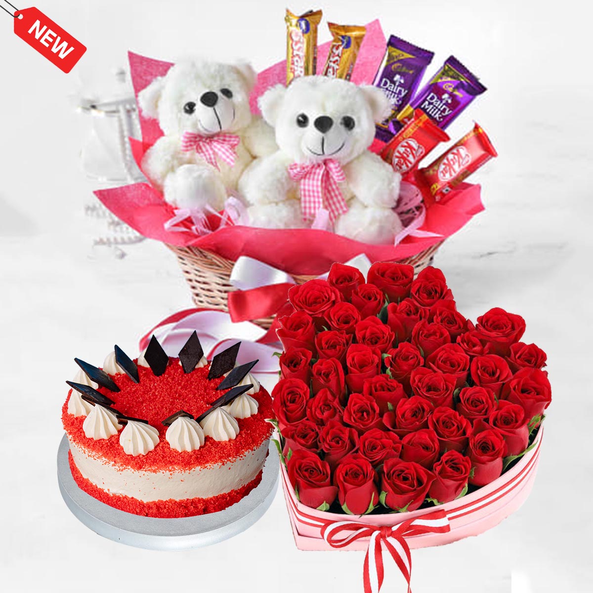Twin Teddy Bear With Cake & Flower