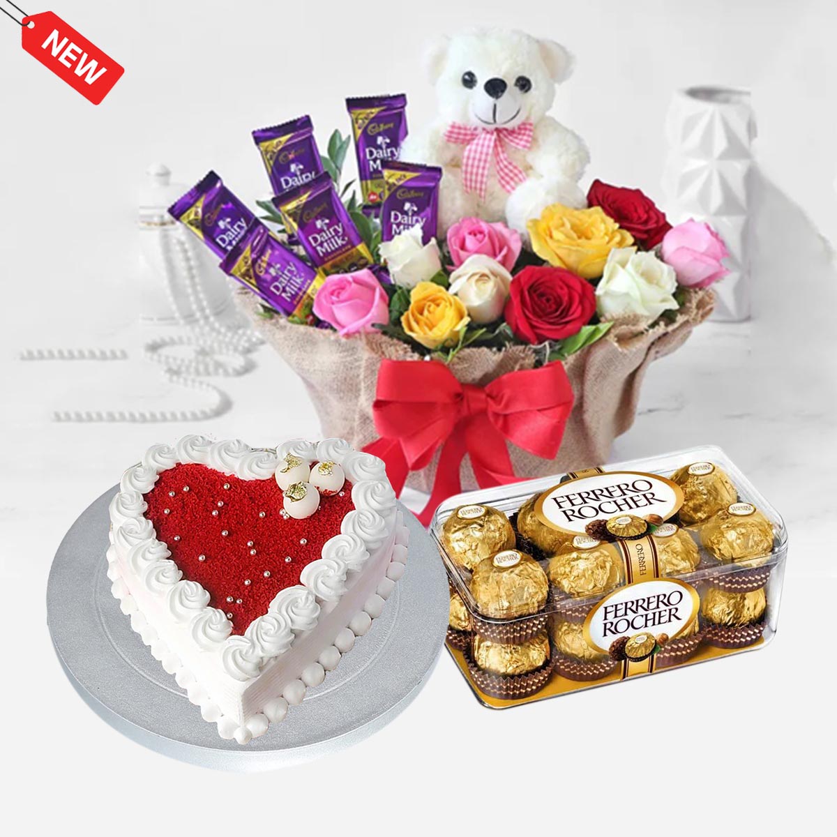 White Teddy ,Red Velvet & Flower Combo