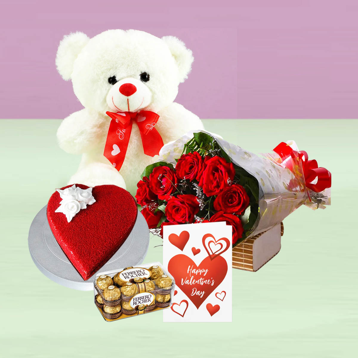 Rose Bouquet, Cake , Ferrero Rocher, Teddy & Card