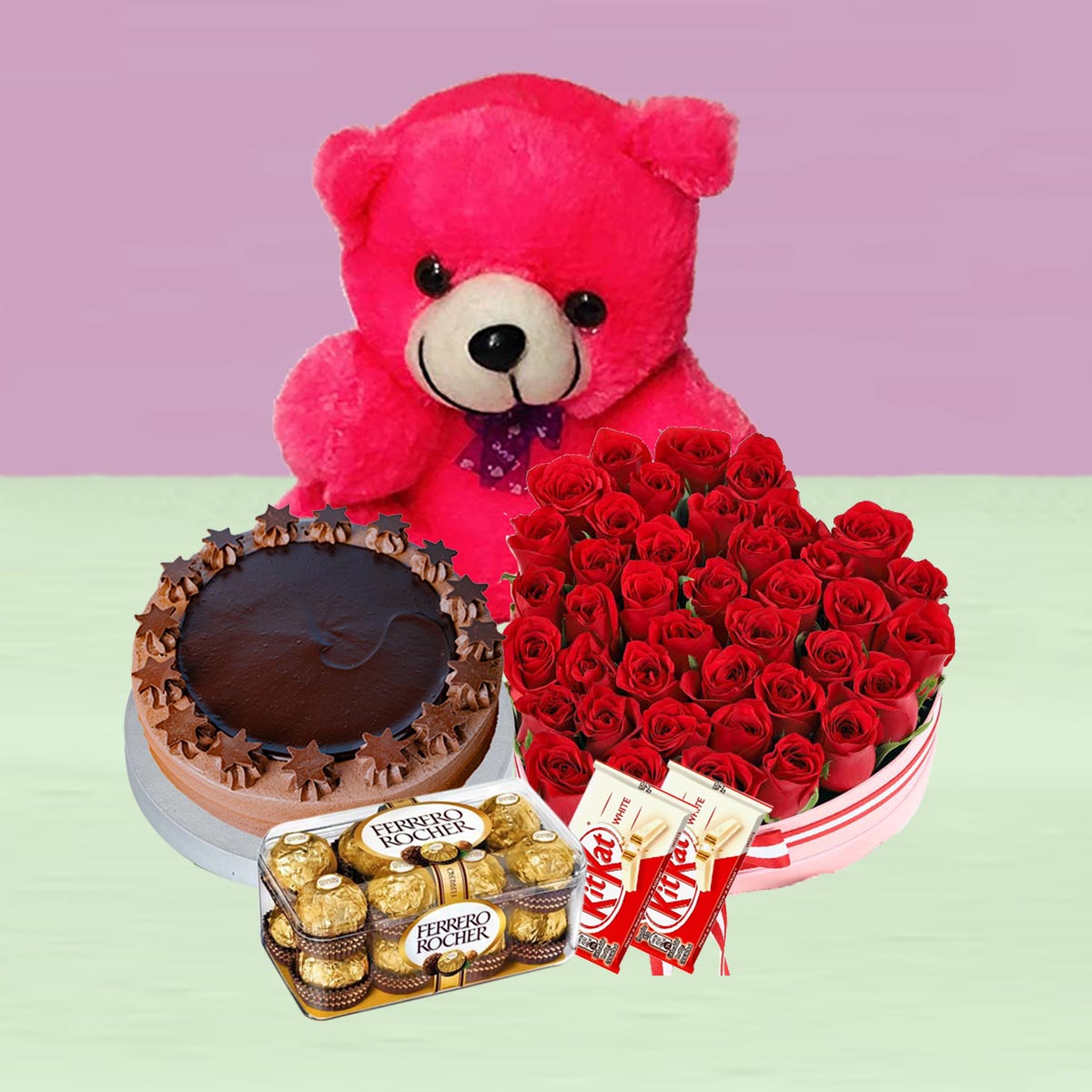 Ferrero Rocher, Chocolate Cake, Kitkat & Red Rose Combo