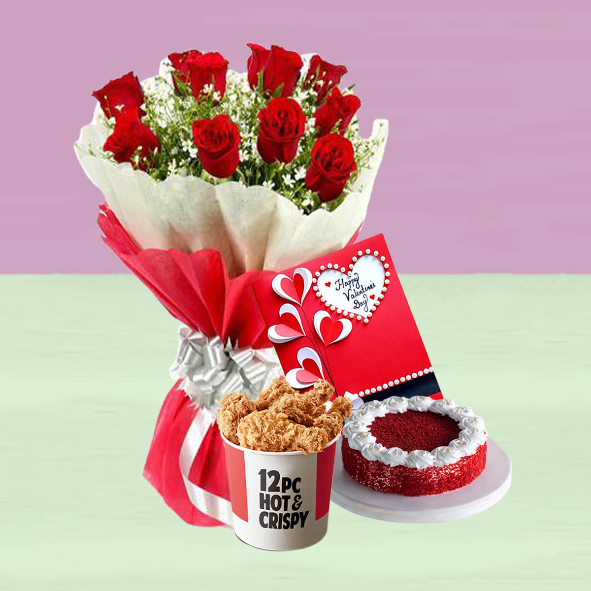 KFC Chicken Bucket With Rose Bouquet & Cake