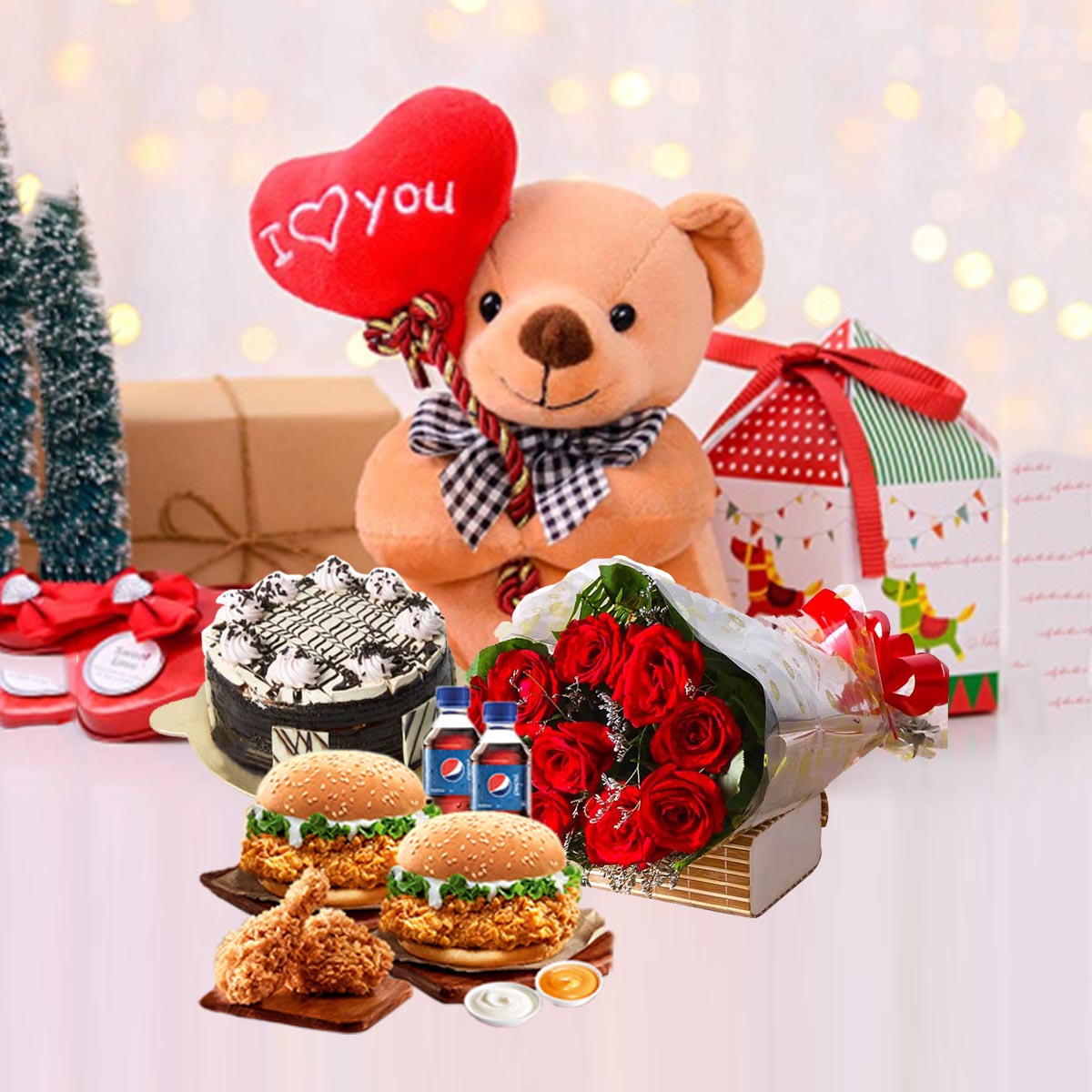 Zinger Meal Combo With Rose, Cake & Teddy