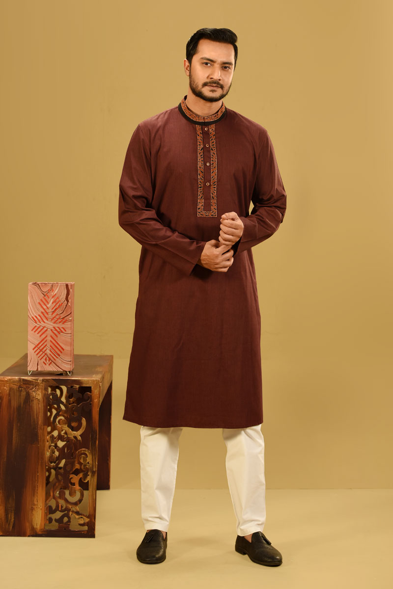 Plum Red Cotton Embroidered Panjabi