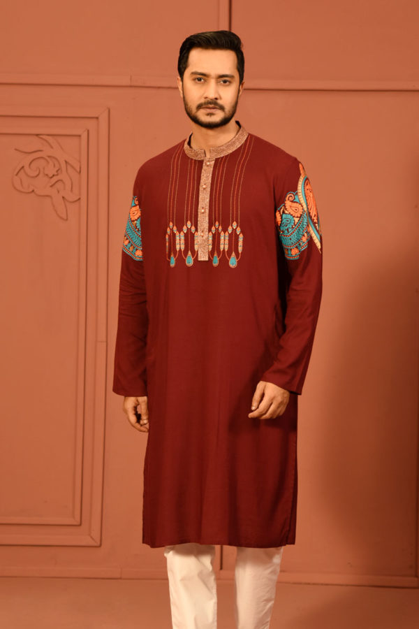 Maroon Cotton Printed & Embroidered Panjabi